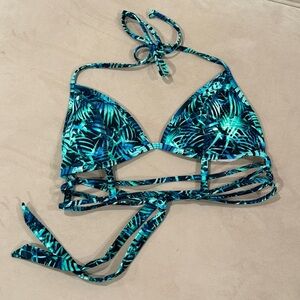 Tropical Strappy Cage Bikini Top Blue Green M